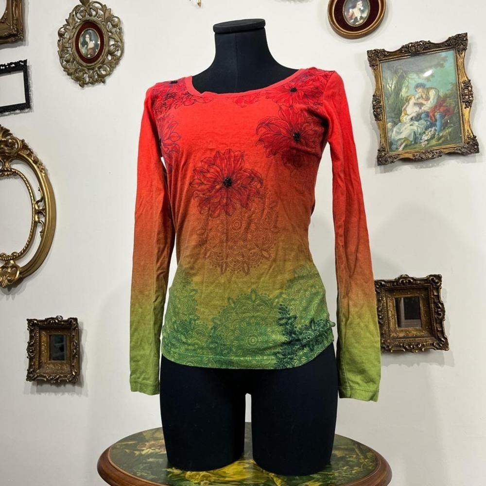 vintage Desigual Ombre Floral Mandala Long Sleeve Top Red Green Boho Y2K